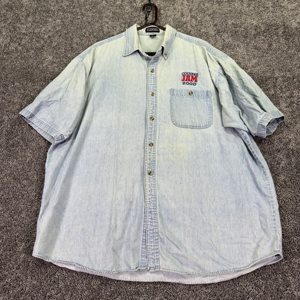 Vtg LA Loving Shirt Mens 2XL Blue Denim Short Sleeve Button Up Country Jam 2000